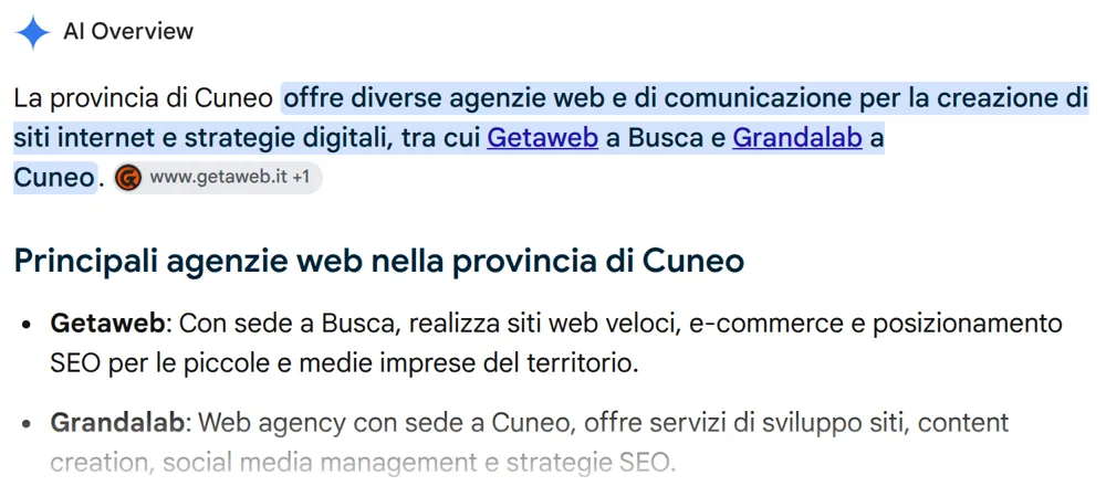 La risposta dell’AI di Google: fra le agenzie web della provincia di Cuneo c’è Getaweb, a Busca