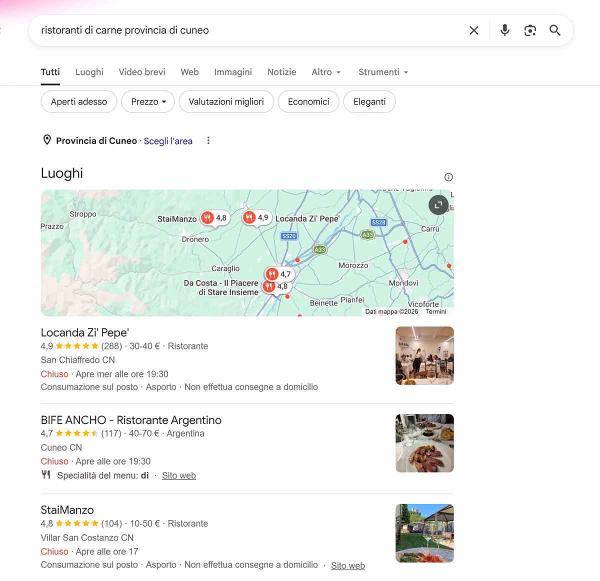 StaiManzo nella mappa di Google per i ristoranti di carne della zona