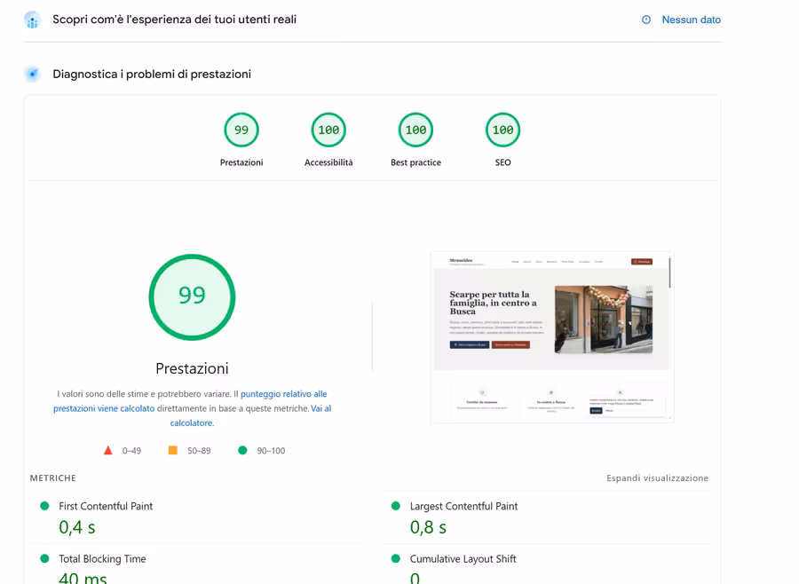 PageSpeed di Straneidee su mobile: 99 di velocità, 100 di SEO